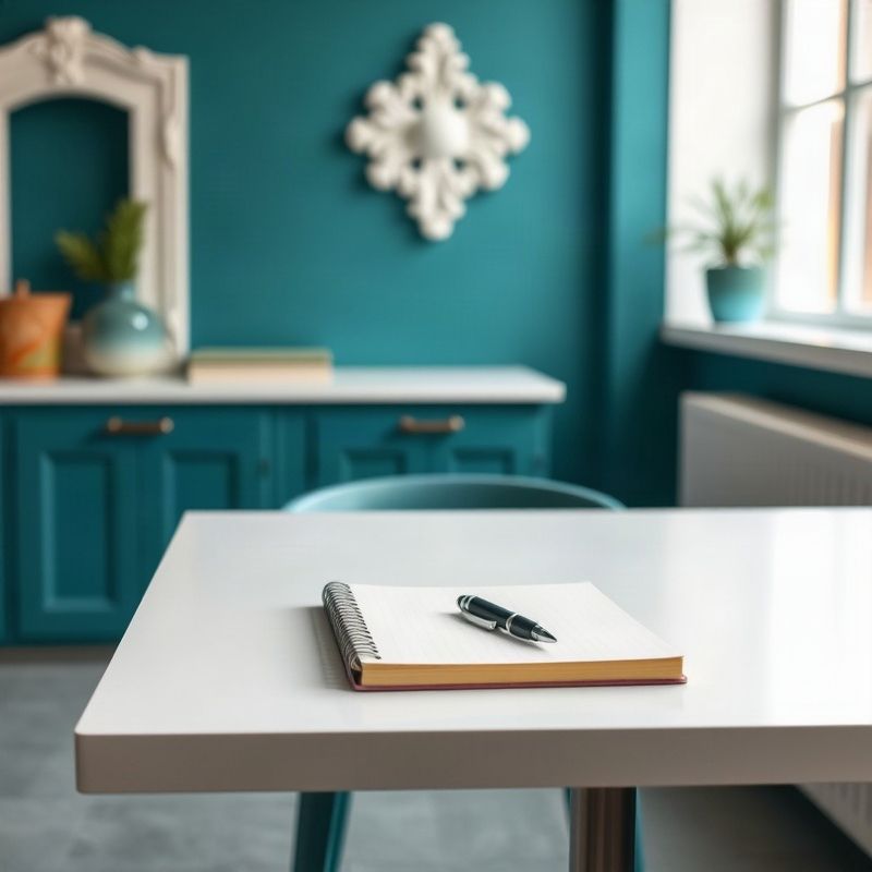 Espacio de trabajo con libreta y pluma sobre escritorio blanco